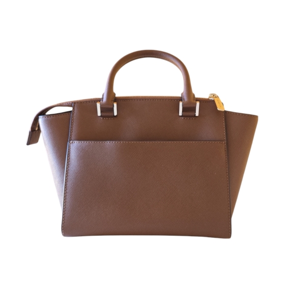 Michael Kors MK Classic Logo Hudson Saffiano Leather Handbag Satchel Brown Gold - Picture 2 of 16